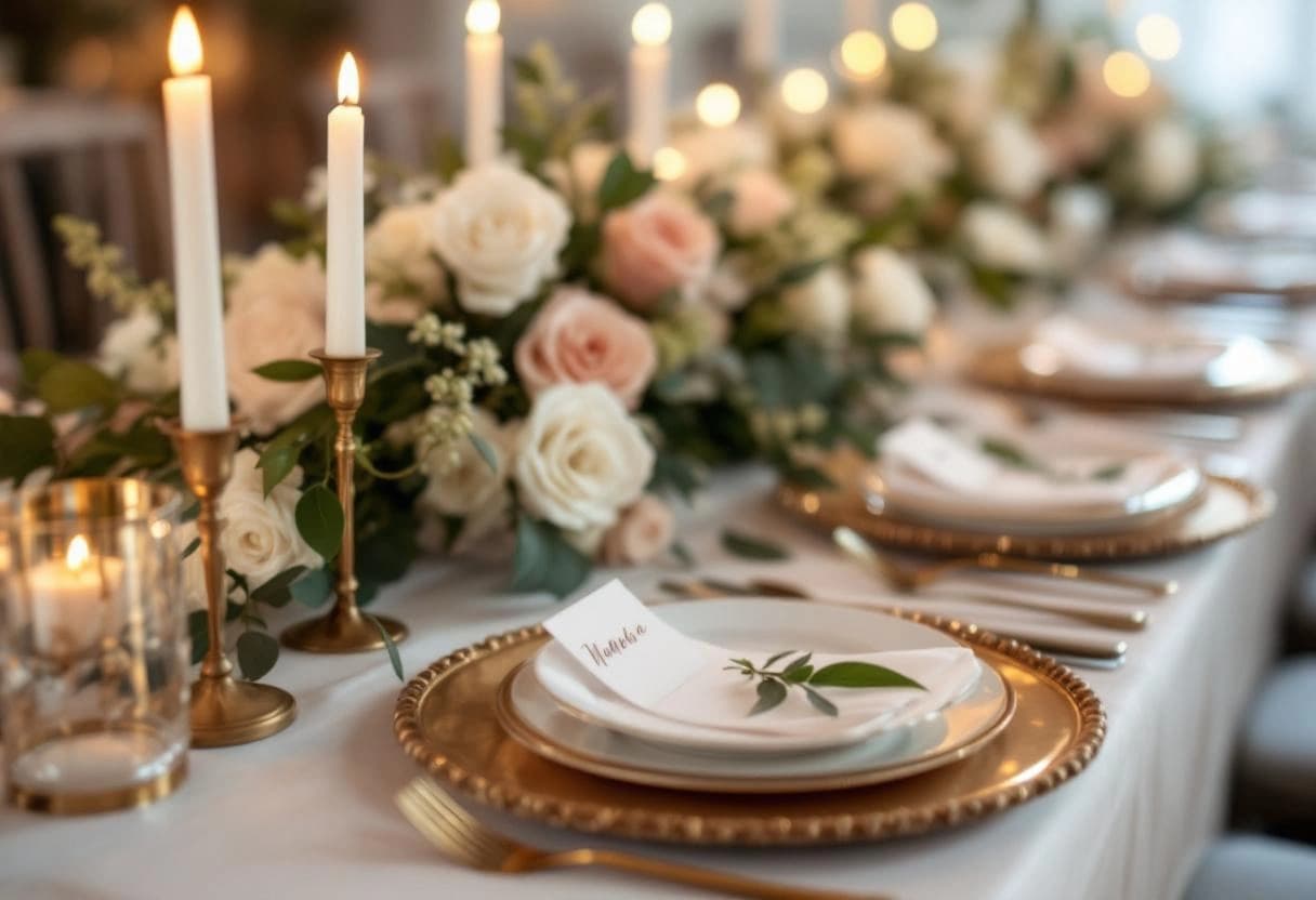 Intimate micro-wedding table setting with fresh floral centerpiece and personalized place cards