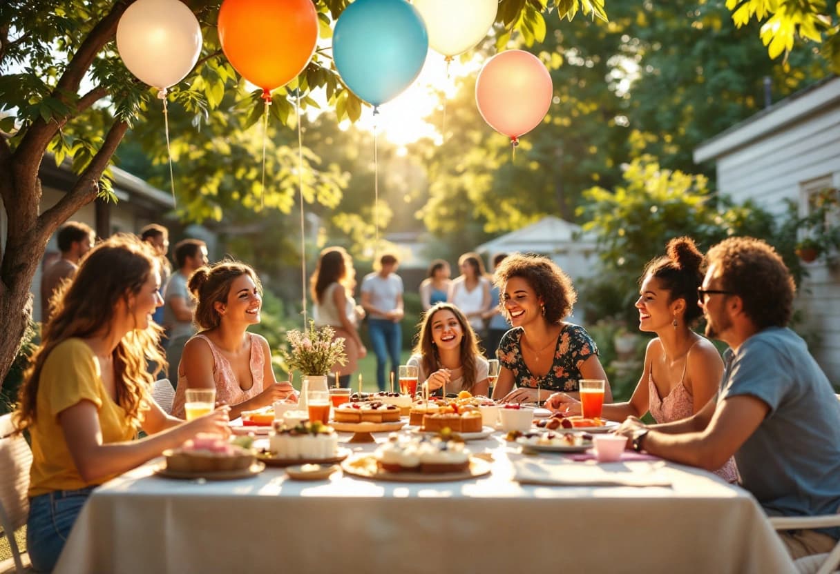 Small backyard birthday gathering with balloon decorations and a modest dessert table