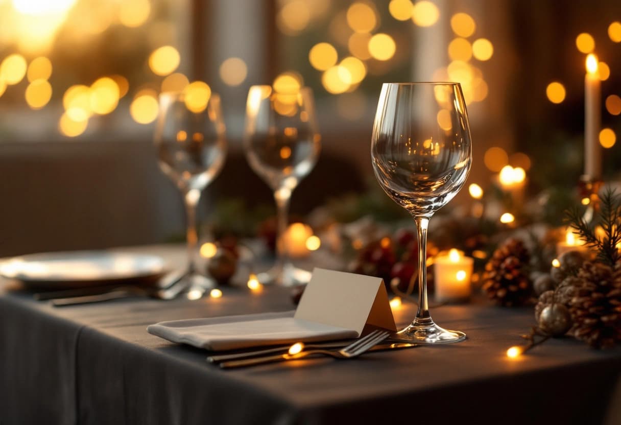 Mesa decorada para confraternização corporativa de fim de ano com luzes e taças