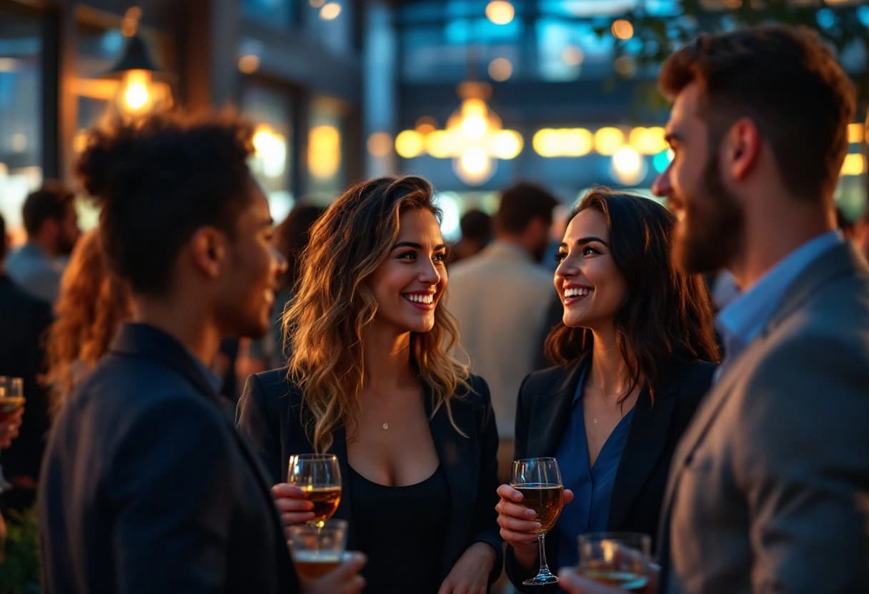 Profissionais conversando em evento de networking corporativo com taças na mão