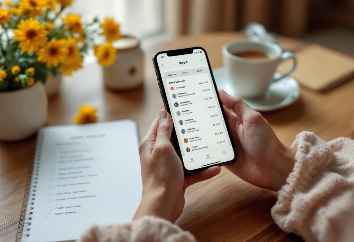 A phone showing an RSVP guest list beside a planning checklist and a cup of chai