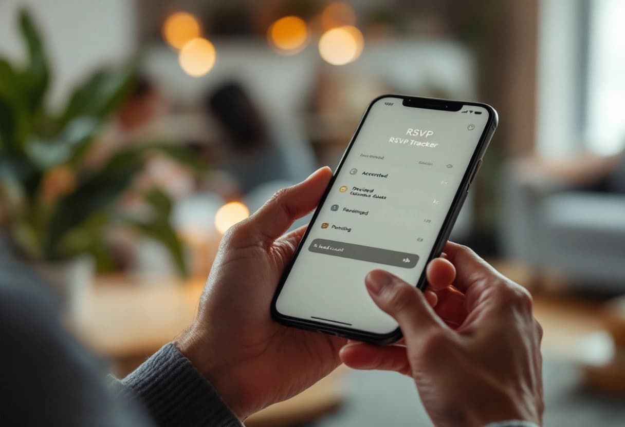 Téléphone affichant un suivi RSVP gratuit en direct avec les réponses acceptées, refusées et en attente