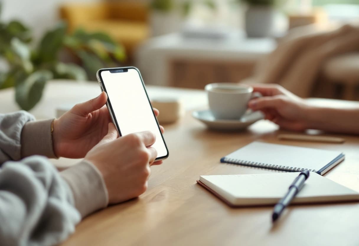 Una pareja comparando apps para planificar la boda en un celular y una tableta sobre una mesa de madera clara
