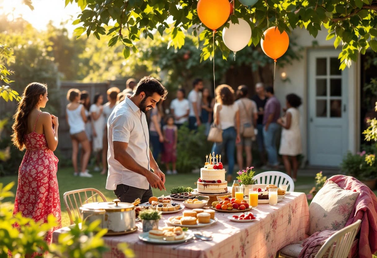 Reunión pequeña de cumpleaños en un patio con decoración de globos y una mesa de postres modesta