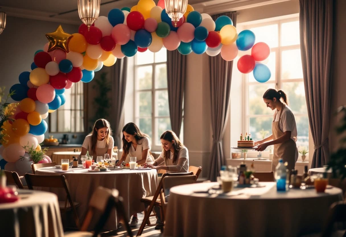 Personal de un salón de eventos acomodando mesas redondas con manteles y arco de globos para una fiesta mediana de cumpleaños