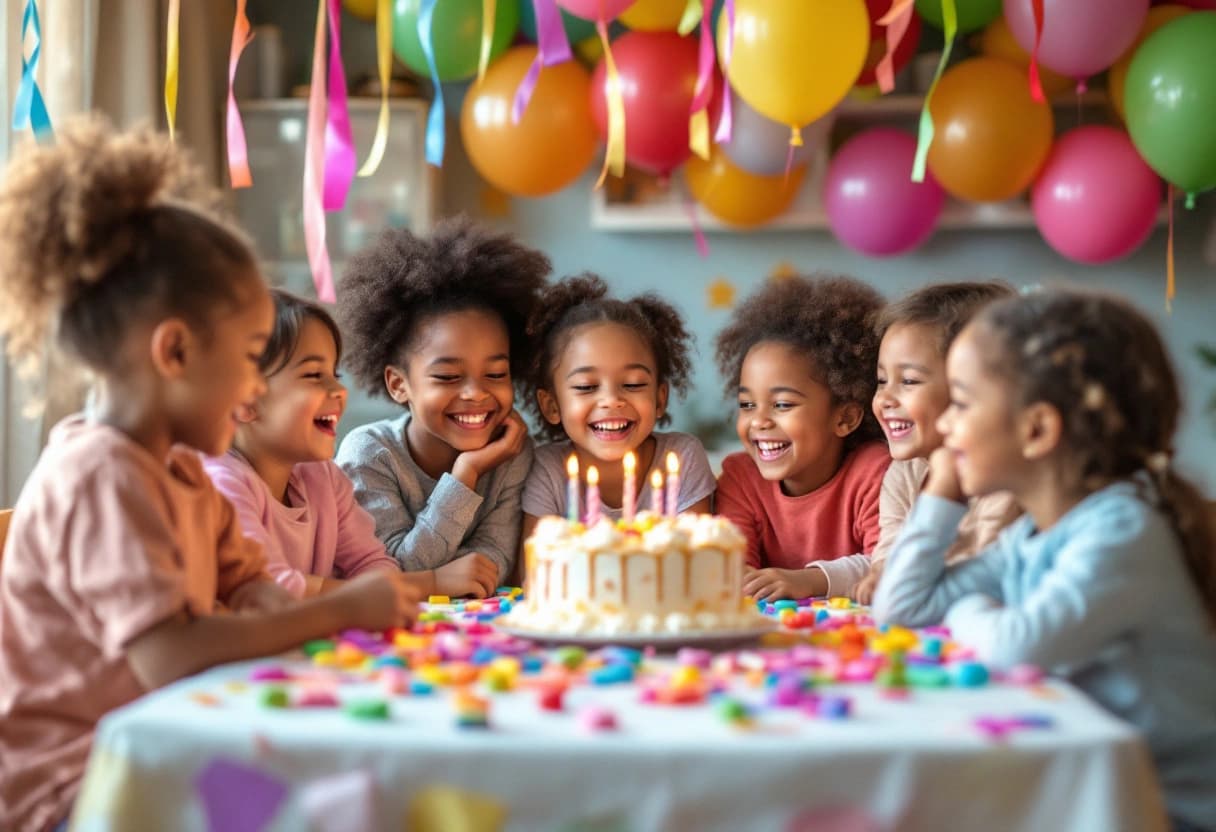 Enfants qui fêtent un anniversaire avec des ballons colorés et un gâteau d'anniversaire