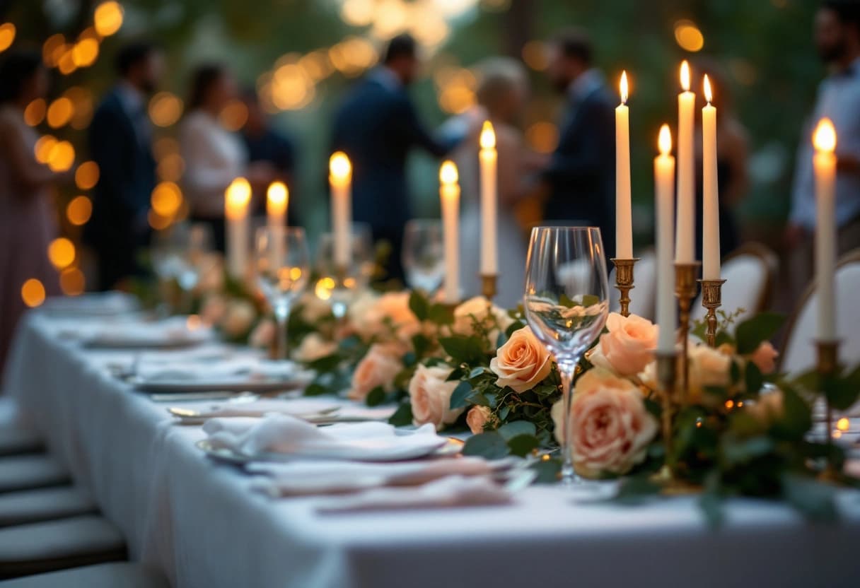 Volwassen verjaardagsdiner met elegante tafeldekking, kaarsen en wijnglazen