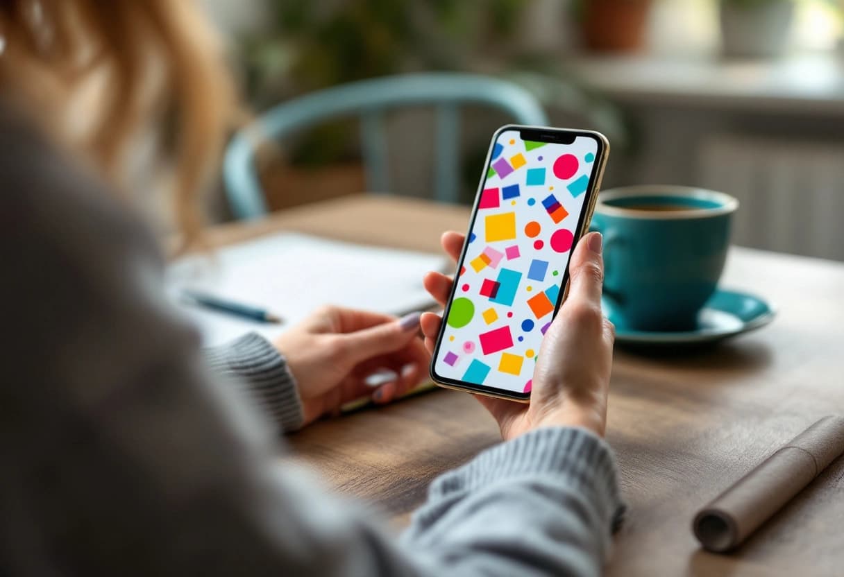 Manos de una mamá revisando una invitación de fiesta infantil en el celular sobre la mesa de la cocina