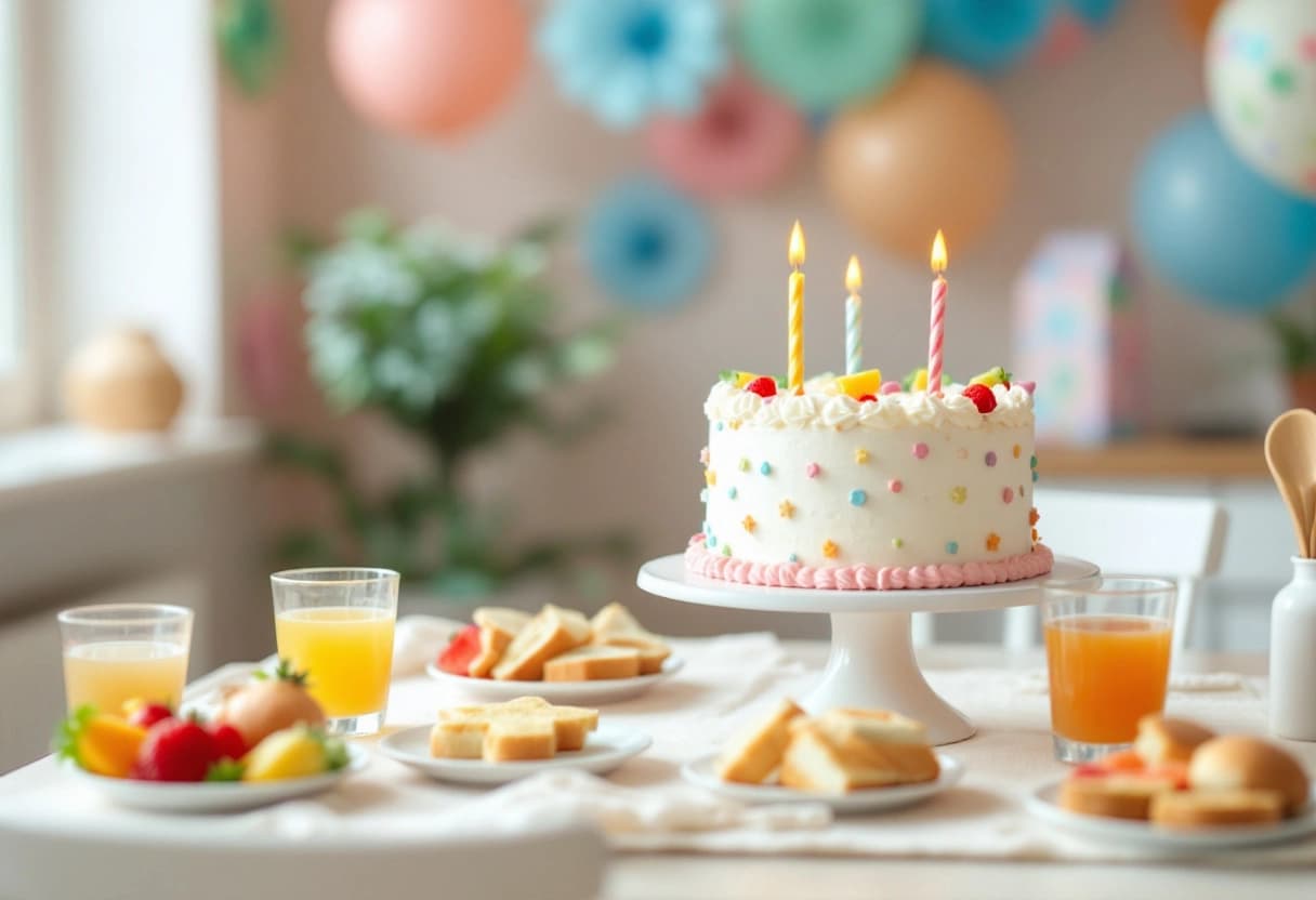 Mesa de bocadillos de una fiesta infantil con fruta, sándwiches y pastel decorado
