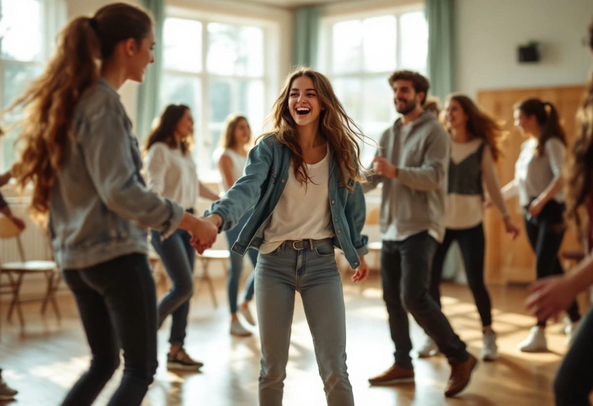 Quinceañera ensayando el vals con su chambelán de honor y la corte en un salón de ensayo