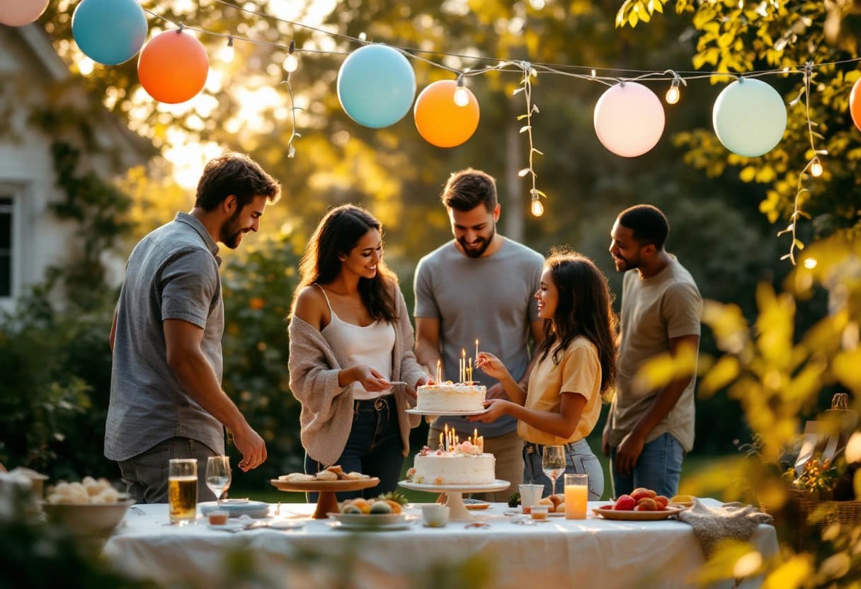 Familia decorando un patio para una fiesta de cumpleaños con luces y guirnaldas de globos