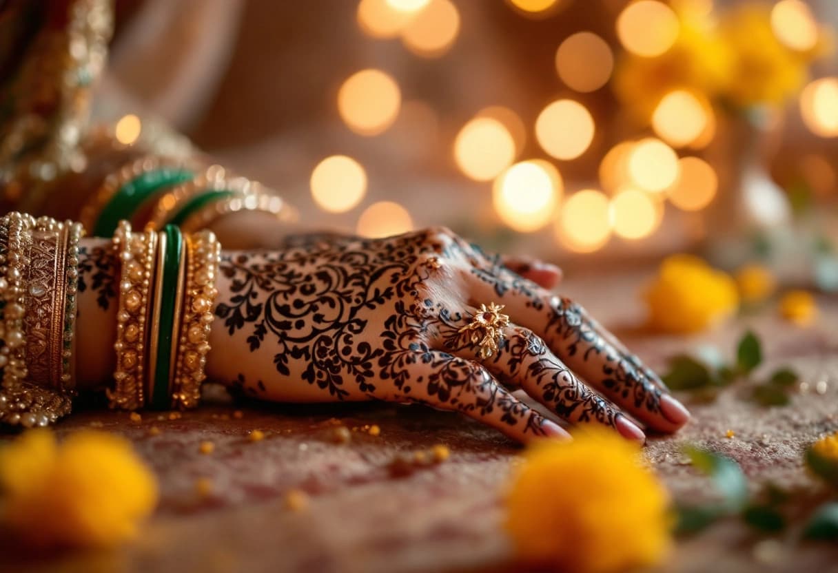 As mãos de uma noiva cobertas por padrões intricados de mehndi em henna numa celebração de Noite de Mehndi