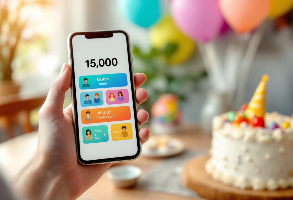 Mamá revisando en el celular el tracker de conteo de invitados para el cumpleaños