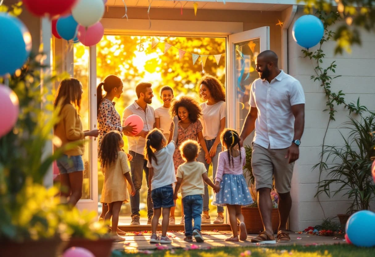 Familias llegando a una fiesta de cumpleaños con el conteo de invitados ya confirmado