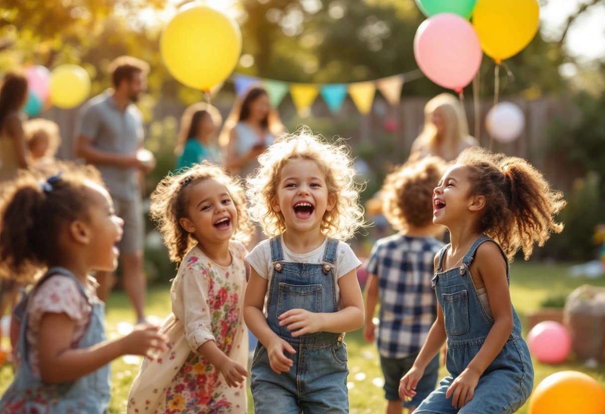 Children laughing and playing with balloons at a backyard birthday party