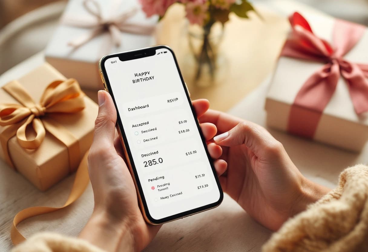 Hands holding a phone showing a birthday RSVP dashboard next to wrapped gifts