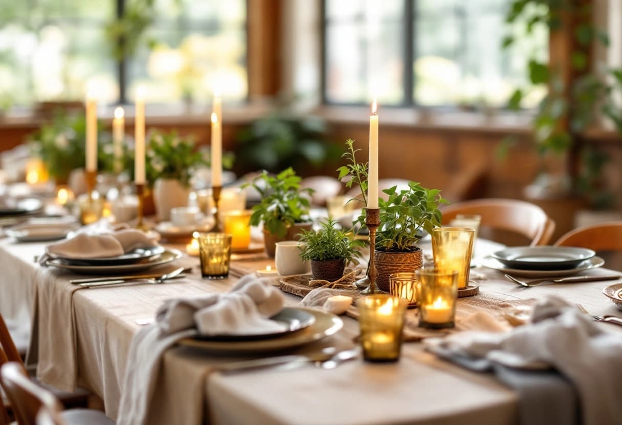 Eco-conscious reception table set with reusable ceramic tableware, potted herb centerpieces, and beeswax candles in a bright venue