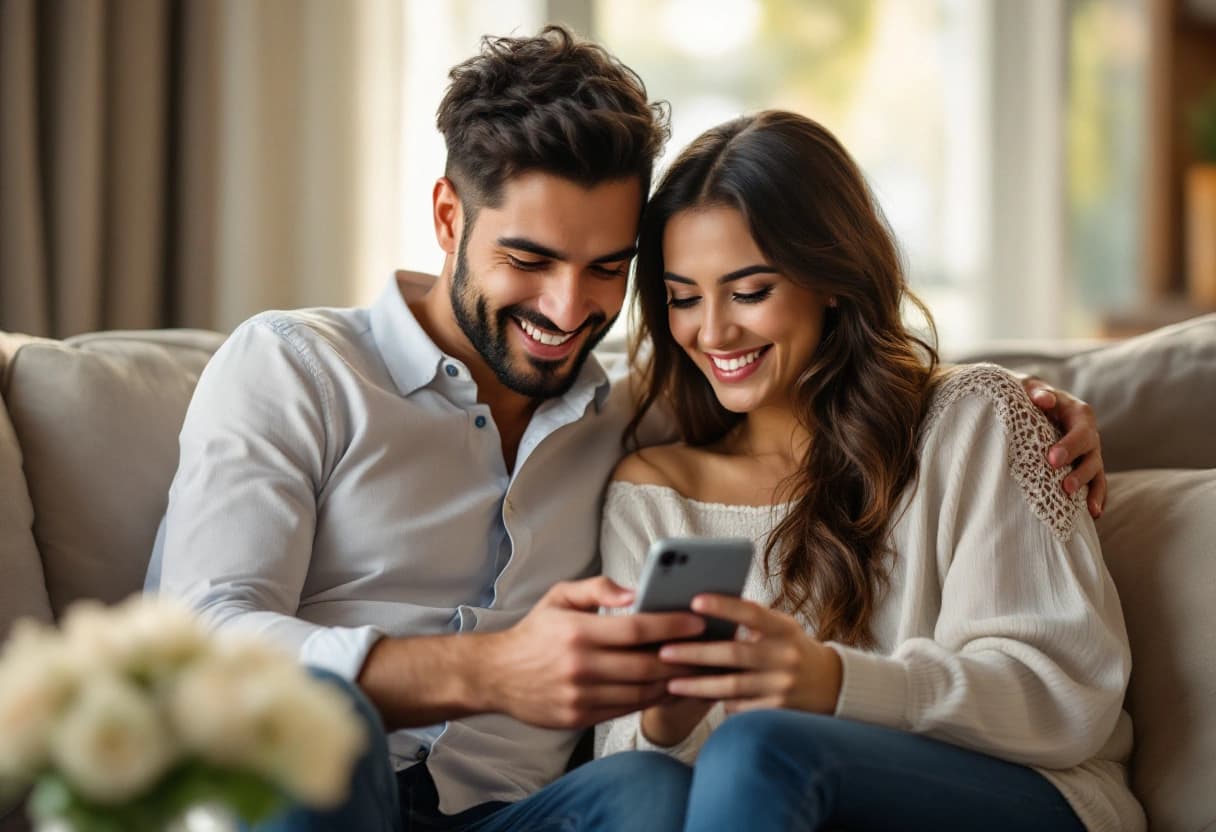 Pareja revisando en el celular las confirmaciones de asistencia de su boda en un panel digital