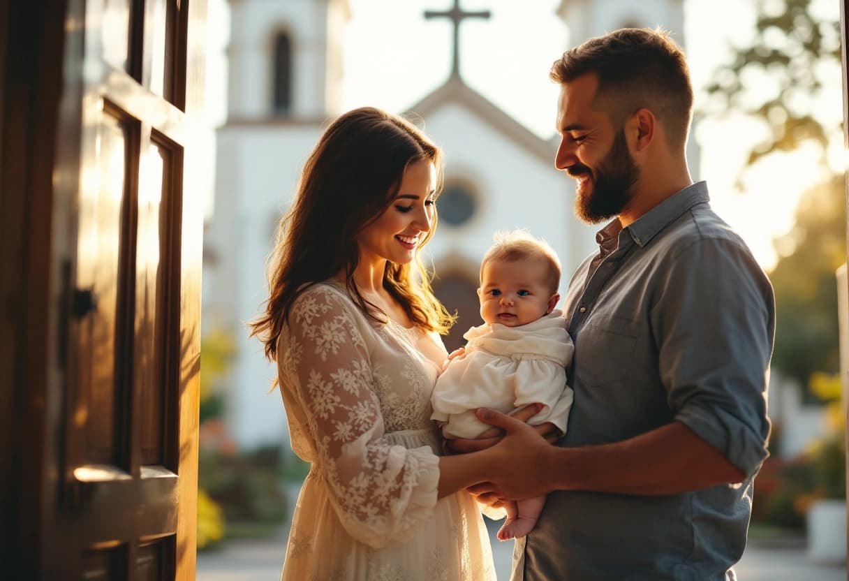 Família reunida na entrada de uma igreja para a cerimônia de batizado