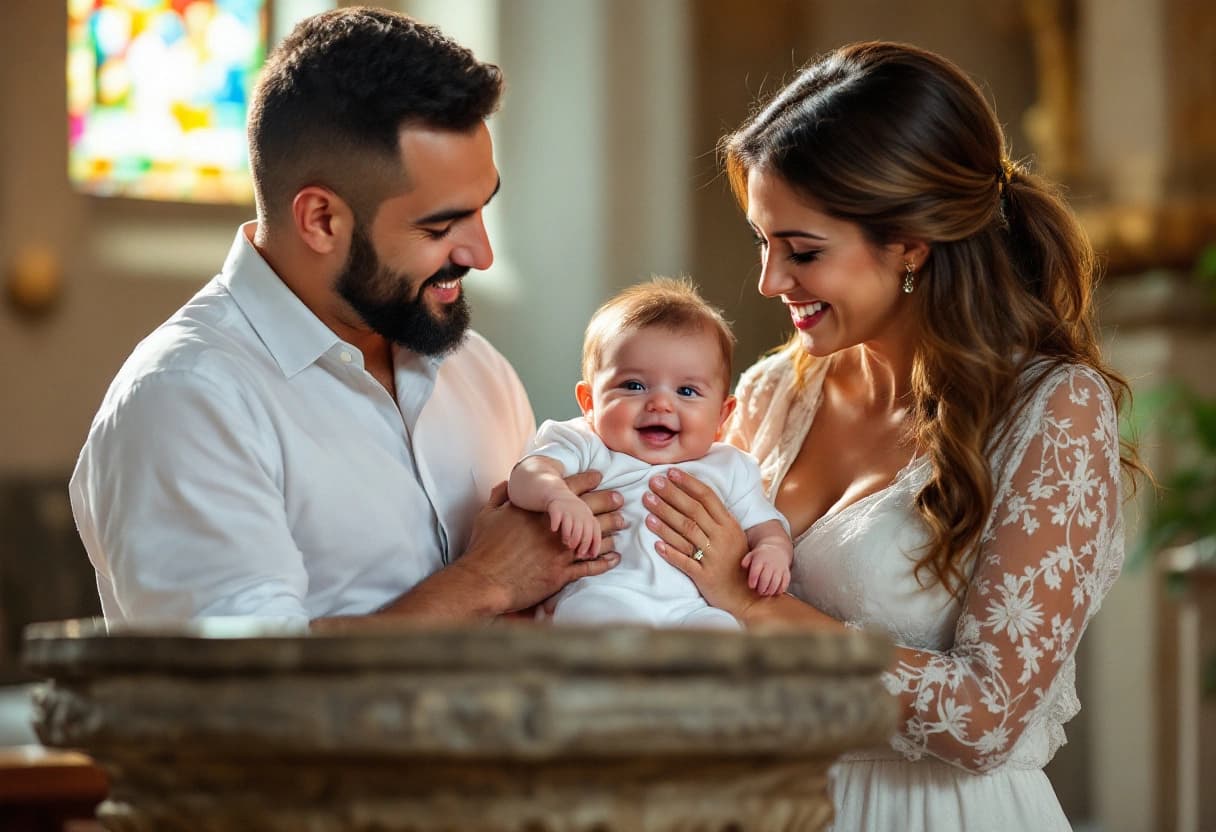 Padrinhos segurando um bebê recém-batizado sorrindo próximo à pia batismal