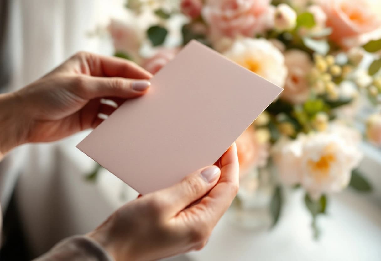 Invitación de quinceañera impresa con detalles dorados junto a un ramo de flores
