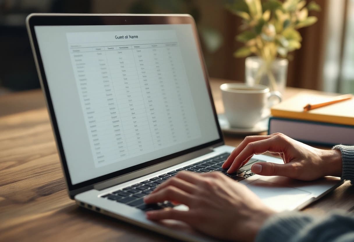 Laptop mostrando una hoja de cálculo con nombres de invitados organizados en columnas por evento