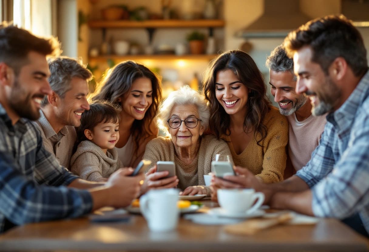 Familia de varias generaciones reunida alrededor de una mesa mirando celulares para confirmar su asistencia a una boda