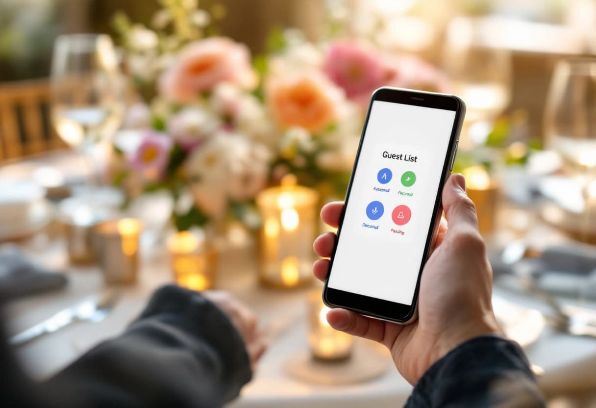 Mano sosteniendo un celular con el panel de RSVP de boda mostrando invitados aceptados, declinados y pendientes