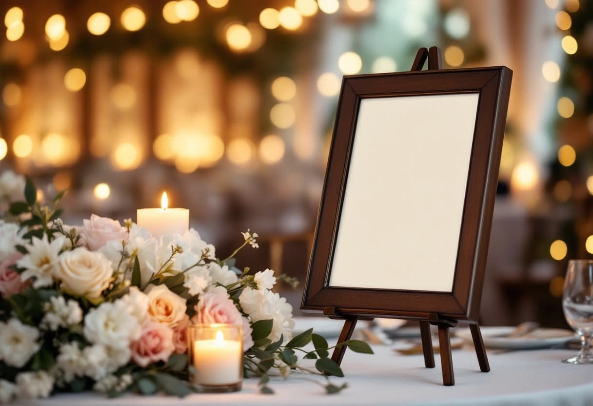 A framed wedding reception sign on a brass easel beside candles and a blush floral arrangement