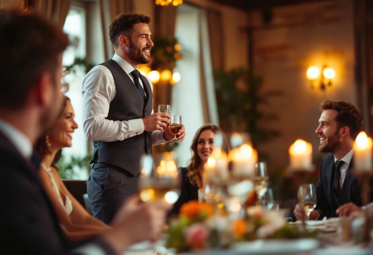 Invitado bien vestido dando un brindis en una cena de cumpleaños importante