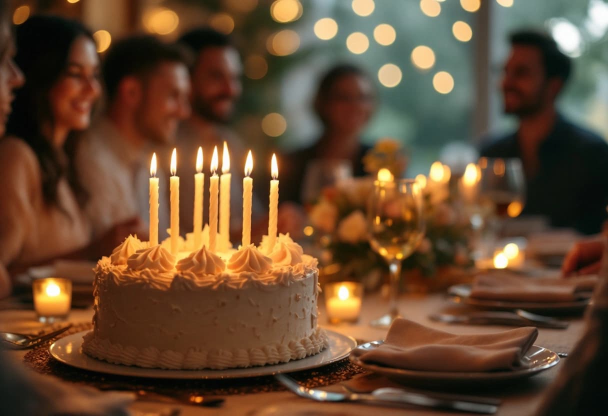 Pastel de cumpleaños con velas encendidas en una cena de cumpleaños importante con luz cálida