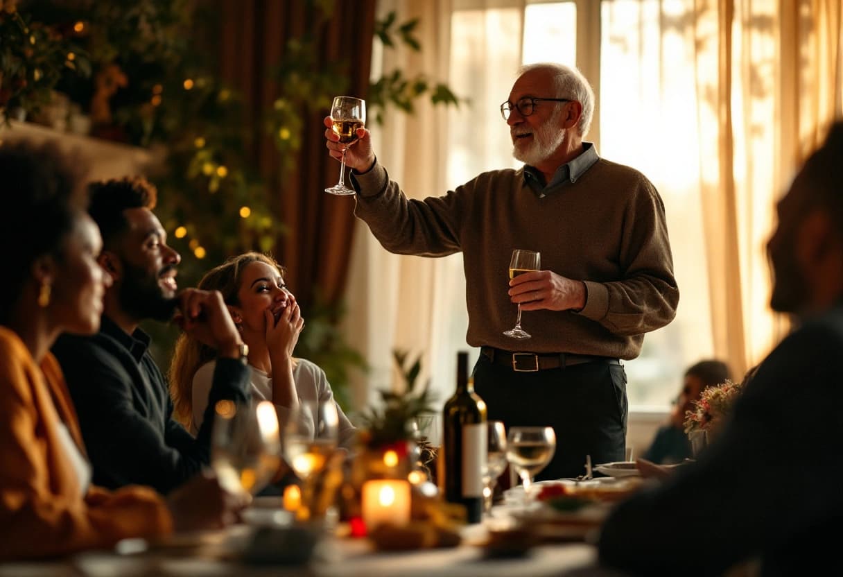 Gast houdt een toespraak en proost met een glas tijdens een kroonjaar feest