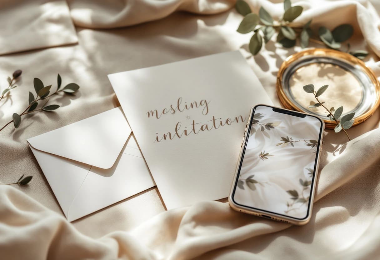 Invitación de boda impresa junto a un teléfono mostrando una invitación digital