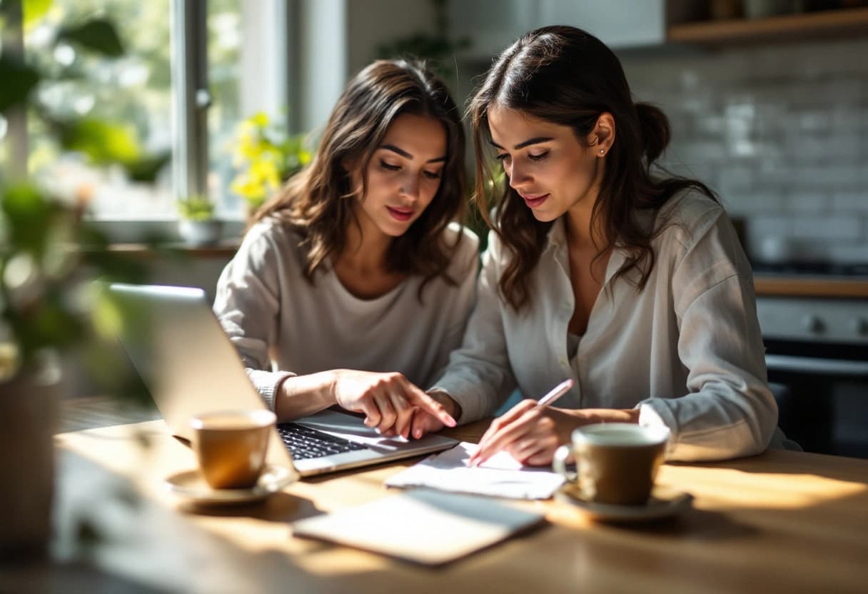 Pareja revisando su lista de invitados de boda en la mesa de la cocina