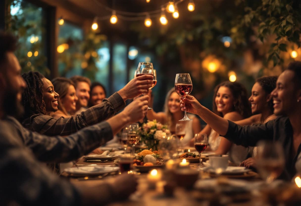 Wedding party members raising a toast at a rehearsal dinner