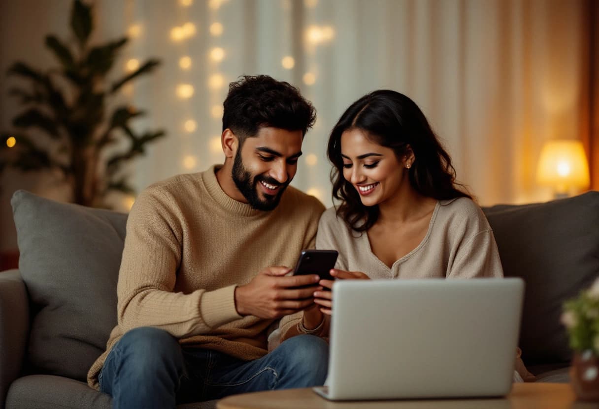 Couple reviewing event responses together on one phone