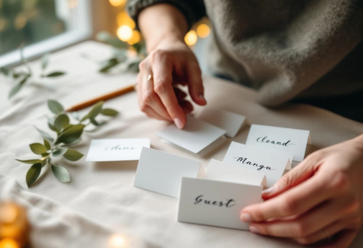Hands sorting handwritten guest cards into piles on a linen tablecloth