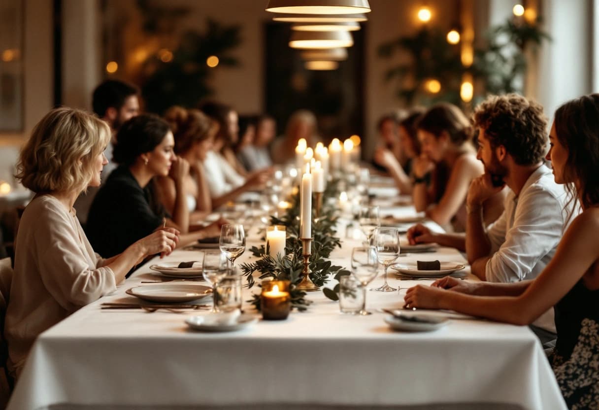 Festlich gedeckte lange Tafel beim Abendessen zum runden Geburtstag mit Gästen