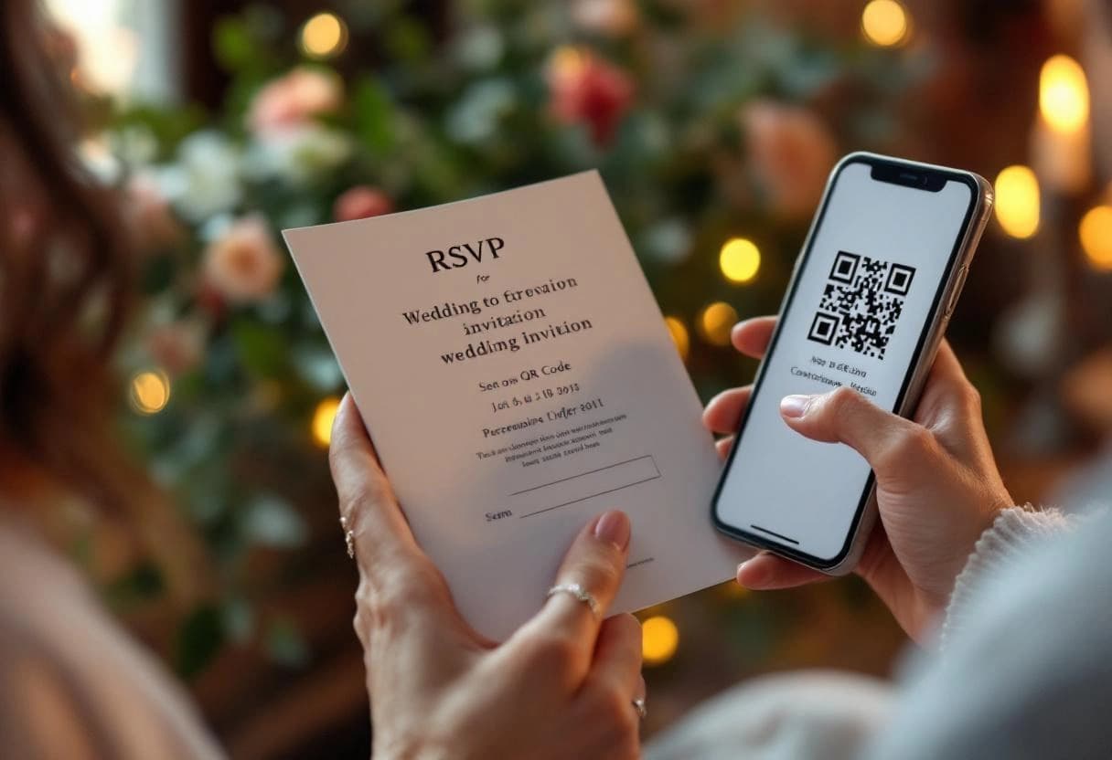 Convite de casamento com QR code para confirmar presença ao lado de um celular mostrando a página de confirmação