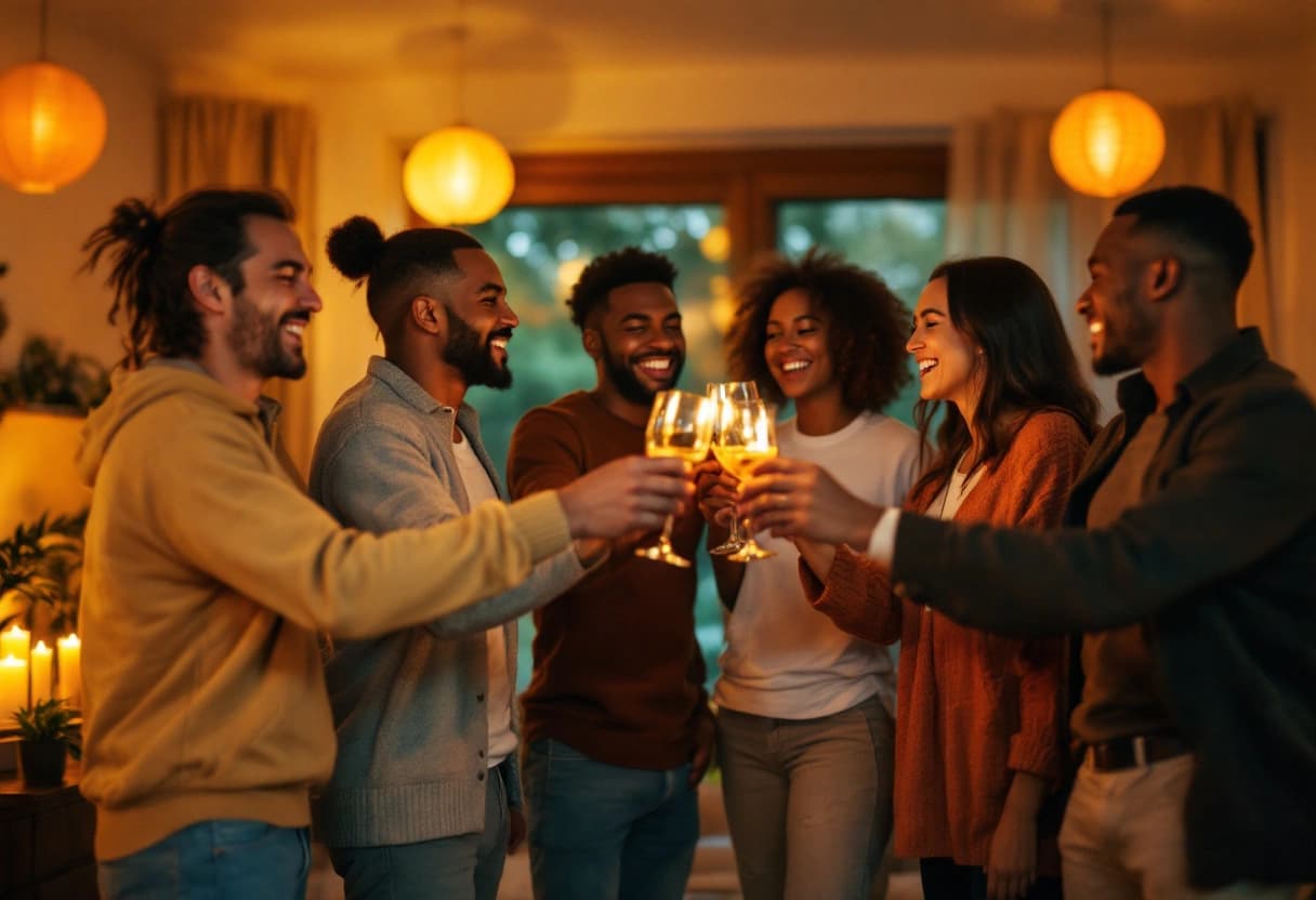 Zes vrienden proosten met glazen tijdens een verjaardagsfeest in een warm verlichte woonkamer