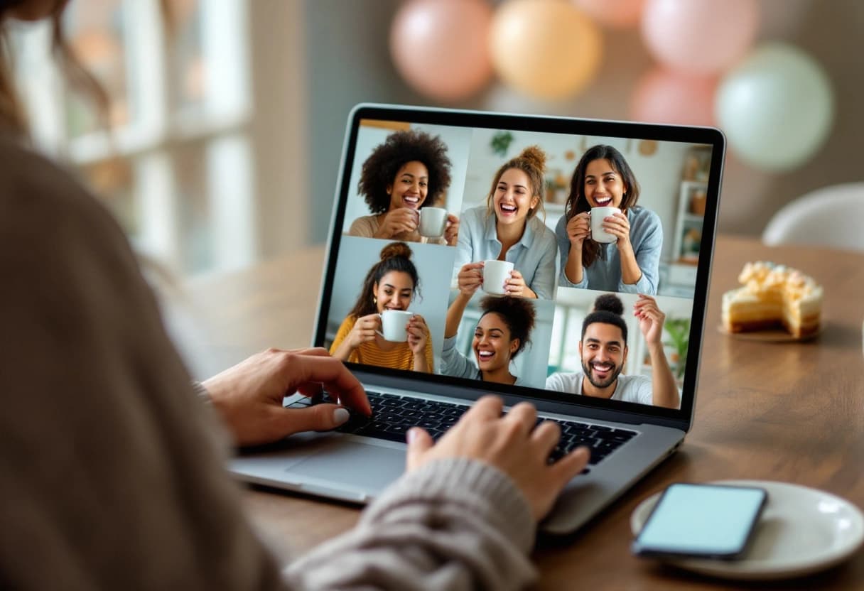 Guests on a laptop video call raising cups during a virtual baby shower while the host holds a phone