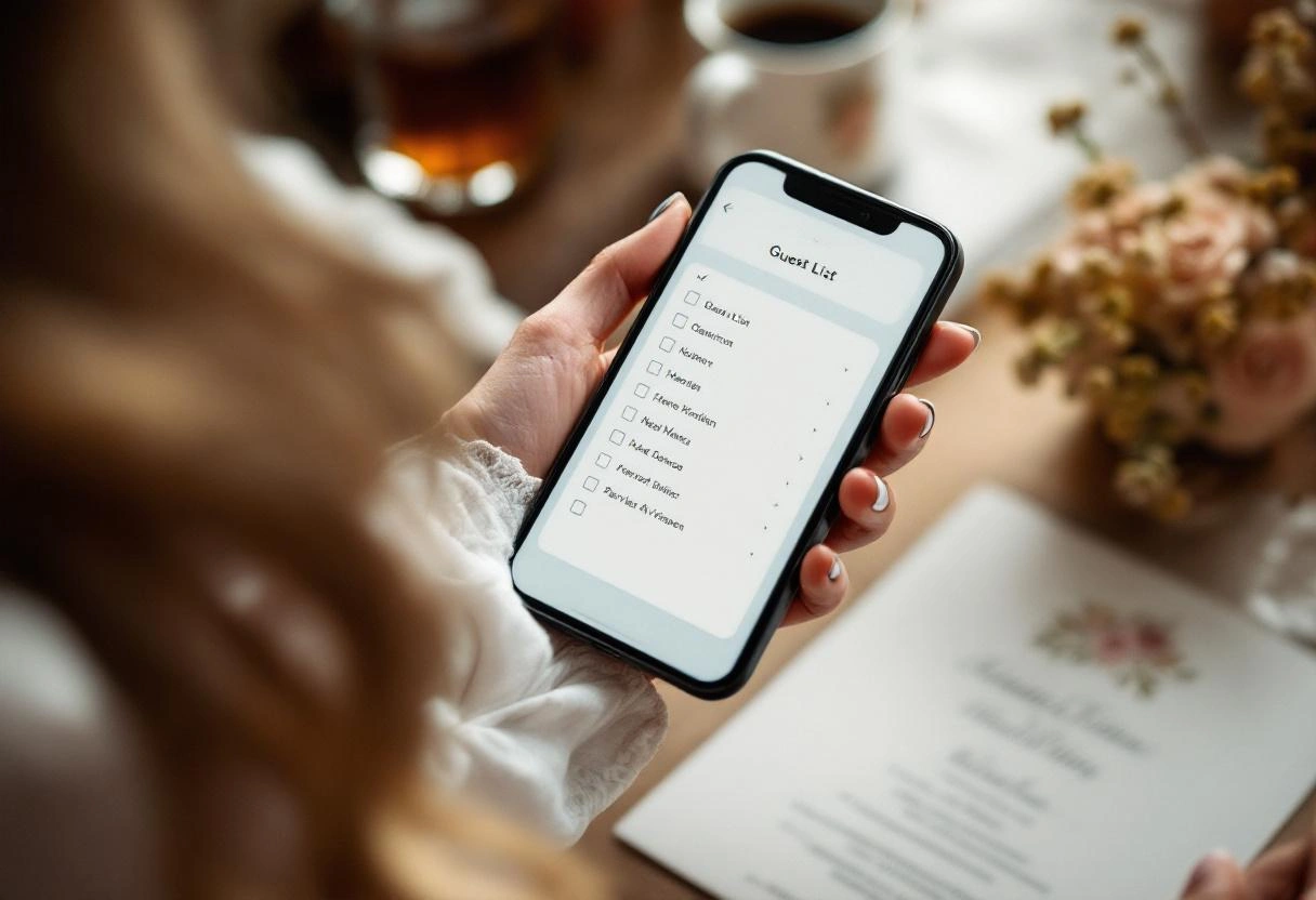 Couple managing their wedding guest list on a phone showing RSVP responses