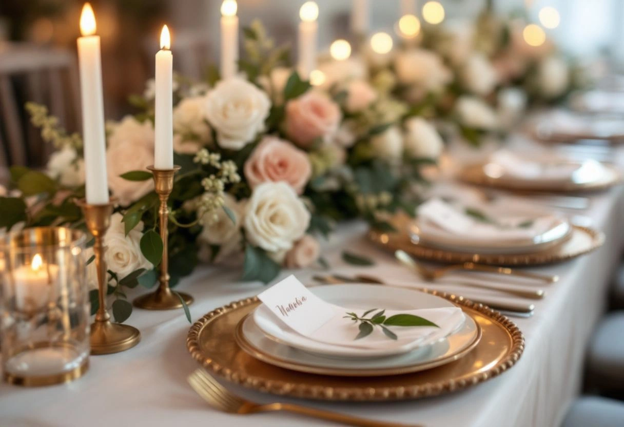 Intimate micro-wedding table setting with fresh floral centerpiece and personalized place cards