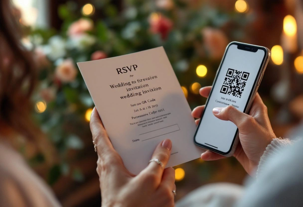 Wedding invitation with QR code for RSVP displayed next to a smartphone showing the RSVP confirmation page